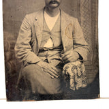 Handsome Man with Mustache, Bowler, and Unbuttoned Buttons, Antique Tintype