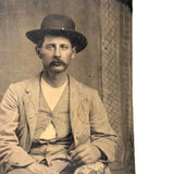 Handsome Man with Mustache, Bowler, and Unbuttoned Buttons, Antique Tintype