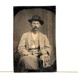 Handsome Man with Mustache, Bowler, and Unbuttoned Buttons, Antique Tintype