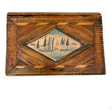 Incredible Late 18th/Early 19th Century Prisoner of War Book Shaped Straw Work Sewing Box with Four Inlaid Watercolors