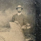 Man in Hat with Folk Art Car, Perfectly Scratchy and Atmospheric Antique Tintype