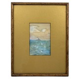1911 Watercolor Seascape with Lighthouse and Gulls Signed LHH in Original Gilded Frame with Gold Mat