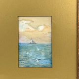 1911 Watercolor Seascape with Lighthouse and Gulls Signed LHH in Original Gilded Frame with Gold Mat