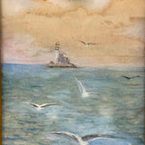 1911 Watercolor Seascape with Lighthouse and Gulls Signed LHH in Original Gilded Frame with Gold Mat
