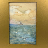 1911 Watercolor Seascape with Lighthouse and Gulls Signed LHH in Original Gilded Frame with Gold Mat