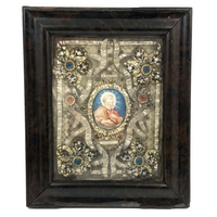 ON HOLD Incredible 19th C. Monastery Work Reliquary with Painted Saint and Elaborate Ornamentation