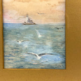1911 Watercolor Seascape with Lighthouse and Gulls Signed LHH in Original Gilded Frame with Gold Mat