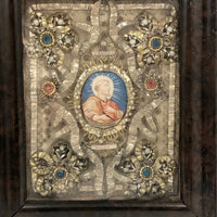 ON HOLD Incredible 19th C. Monastery Work Reliquary with Painted Saint and Elaborate Ornamentation