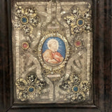 ON HOLD Incredible 19th C. Monastery Work Reliquary with Painted Saint and Elaborate Ornamentation