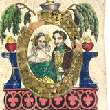 Hearts Aflame, C. 1840s Inscribed Hand-colored German Love Token with Gold Foil