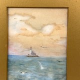 1911 Watercolor Seascape with Lighthouse and Gulls Signed LHH in Original Gilded Frame with Gold Mat