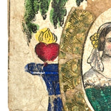 Hearts Aflame, C. 1840s Inscribed Hand-colored German Love Token with Gold Foil