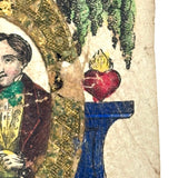 Hearts Aflame, C. 1840s Inscribed Hand-colored German Love Token with Gold Foil