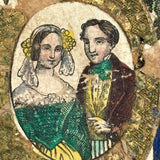 Hearts Aflame, C. 1840s Inscribed Hand-colored German Love Token with Gold Foil