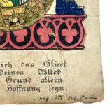 Hearts Aflame, C. 1840s Inscribed Hand-colored German Love Token with Gold Foil