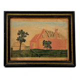 Red House with Two Trees, Charming Earlier 19th Century Folk Art Watercolor, Original Frame and Glass