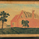 Red House with Two Trees, Charming Earlier 19th Century Folk Art Watercolor, Original Frame and Glass