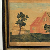 Red House with Two Trees, Charming Earlier 19th Century Folk Art Watercolor, Original Frame and Glass