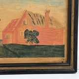 Red House with Two Trees, Charming Earlier 19th Century Folk Art Watercolor, Original Frame and Glass