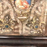 ON HOLD Incredible 19th C. Monastery Work Reliquary with Painted Saint and Elaborate Ornamentation