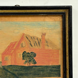 Red House with Two Trees, Charming Earlier 19th Century Folk Art Watercolor, Original Frame and Glass