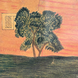 Red House with Two Trees, Charming Earlier 19th Century Folk Art Watercolor, Original Frame and Glass