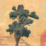 Red House with Two Trees, Charming Earlier 19th Century Folk Art Watercolor, Original Frame and Glass