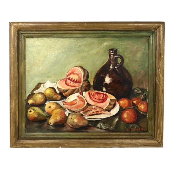 Vintage Folk Art Still Life Painting with Meat-like Melon Slices Signed J. Colville