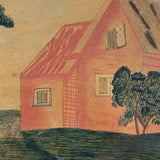 Red House with Two Trees, Charming Earlier 19th Century Folk Art Watercolor, Original Frame and Glass