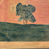 Red House with Two Trees, Charming Earlier 19th Century Folk Art Watercolor, Original Frame and Glass