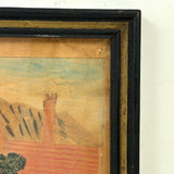 Red House with Two Trees, Charming Earlier 19th Century Folk Art Watercolor, Original Frame and Glass