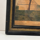 Red House with Two Trees, Charming Earlier 19th Century Folk Art Watercolor, Original Frame and Glass