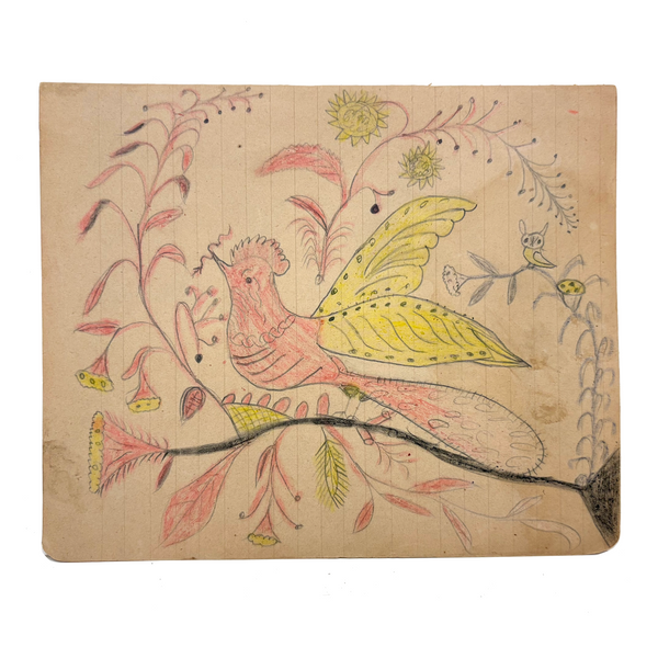Pink and Yellow Bird with Flowers and Perched Owl, PA Naive Drawing c. 1900