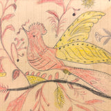 Pink and Yellow Bird with Flowers and Perched Owl, PA Naive Drawing c. 1900
