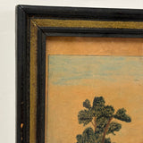 Red House with Two Trees, Charming Earlier 19th Century Folk Art Watercolor, Original Frame and Glass