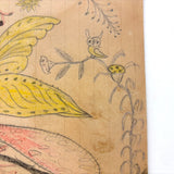 Pink and Yellow Bird with Flowers and Perched Owl, PA Naive Drawing c. 1900