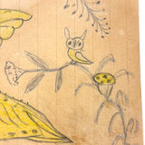 Pink and Yellow Bird with Flowers and Perched Owl, PA Naive Drawing c. 1900