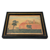 Red House with Two Trees, Charming Earlier 19th Century Folk Art Watercolor, Original Frame and Glass