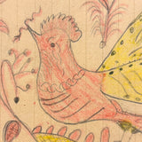Pink and Yellow Bird with Flowers and Perched Owl, PA Naive Drawing c. 1900