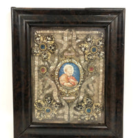 ON HOLD Incredible 19th C. Monastery Work Reliquary with Painted Saint and Elaborate Ornamentation