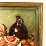 Vintage Folk Art Still Life Painting with Meat-like Melon Slices Signed J. Colville