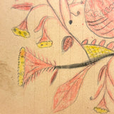 Pink and Yellow Bird with Flowers and Perched Owl, PA Naive Drawing c. 1900