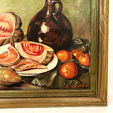 Vintage Folk Art Still Life Painting with Meat-like Melon Slices Signed J. Colville