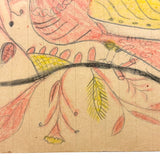Pink and Yellow Bird with Flowers and Perched Owl, PA Naive Drawing c. 1900