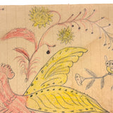 Pink and Yellow Bird with Flowers and Perched Owl, PA Naive Drawing c. 1900