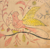 Pink and Yellow Bird with Flowers and Perched Owl, PA Naive Drawing c. 1900