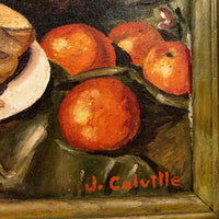 Vintage Folk Art Still Life Painting with Meat-like Melon Slices Signed J. Colville