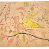 Pink and Yellow Bird with Flowers and Perched Owl, PA Naive Drawing c. 1900
