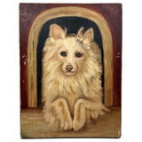 Papillon in Dog House, Oil on Panel Folk Art Painting by Angie Montgomery, 1918, Age 84