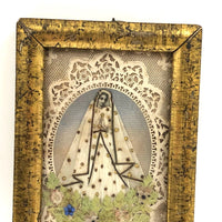 Victorian Silk and Gold Embellished Paper Lace Madonna Canivet Card in Period Framed